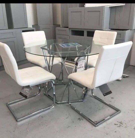 White/ Chrome Tabletop Glass Dining Table And Chairs👍Kitchen And 5 Piece Dining Set 👉