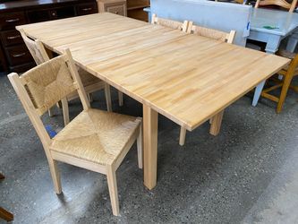 IKEA Natural Finish Rectangular Extension Table w/ 4 Woven Rush Dining Chairs