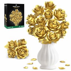 Metallic Gold Roses Flower Bouquet Building Sets, 670Pcs Golden Roses Botanical Collection Compatible with Lego Flowers Valentines Day Gifts for Her W