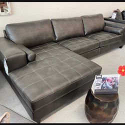 Charcoal Leather Contemporary Sectional With Chaise☄️ Brand New💯 $39 Down Payment💰 Delivery ✅
