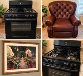 Black Frigidaire Stove, Arm Chair and Painting
