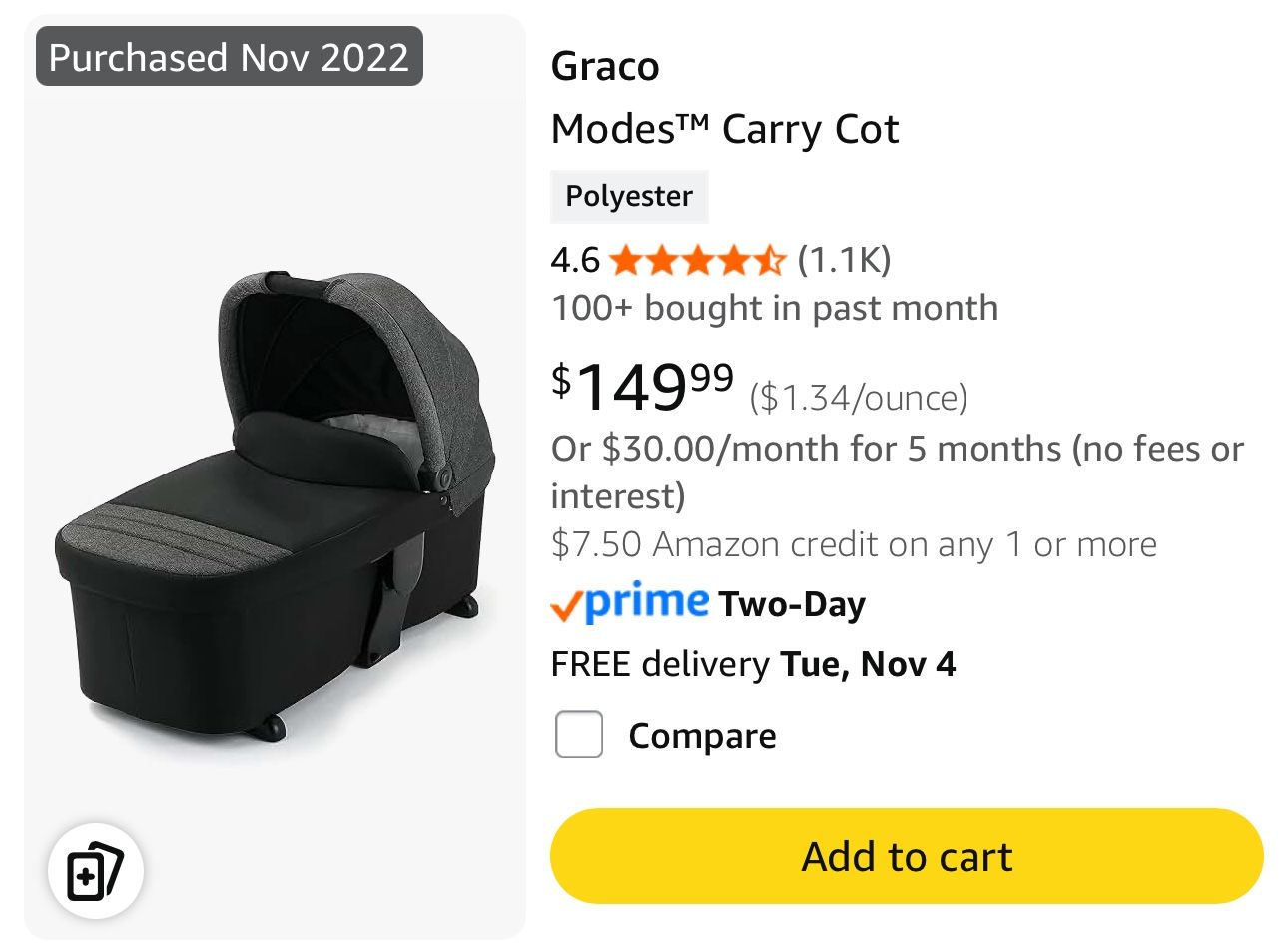 Graco Carry Cot Bassinet Stroller Attachment 
