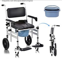 Shower Chair with Wheels 4 in 1 Folding Padded Bedside Commode Wheelchair Height Adjustable Detachable Bucket with Wheels Lifting Armrests Flip-up Foo