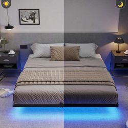 Floating Queen Size Bed Frame With Led Light And Electric Connections 