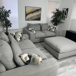 SET Loveseats & Ottoman Gray Fabric With TV Stand