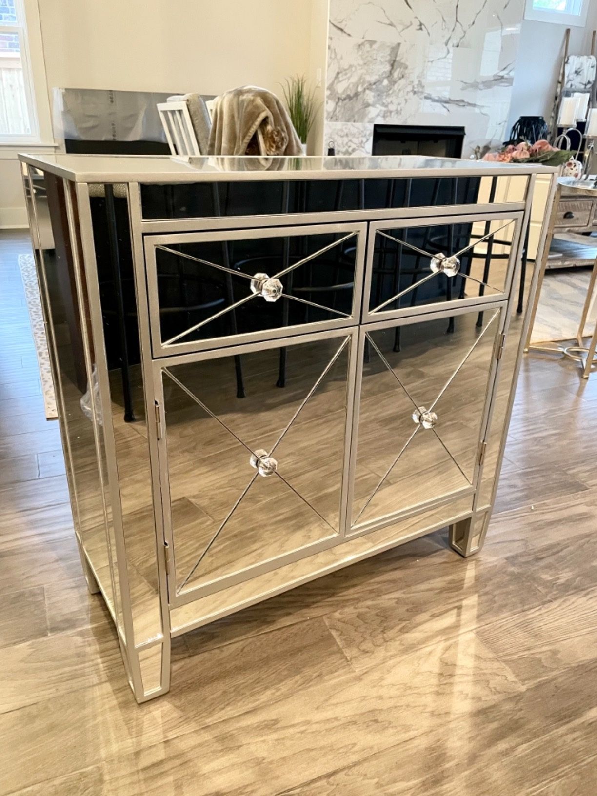 Mirrored Cabinet New in Original Packaging With Stunning Crystal Knobs and Ample Storage Capacity.