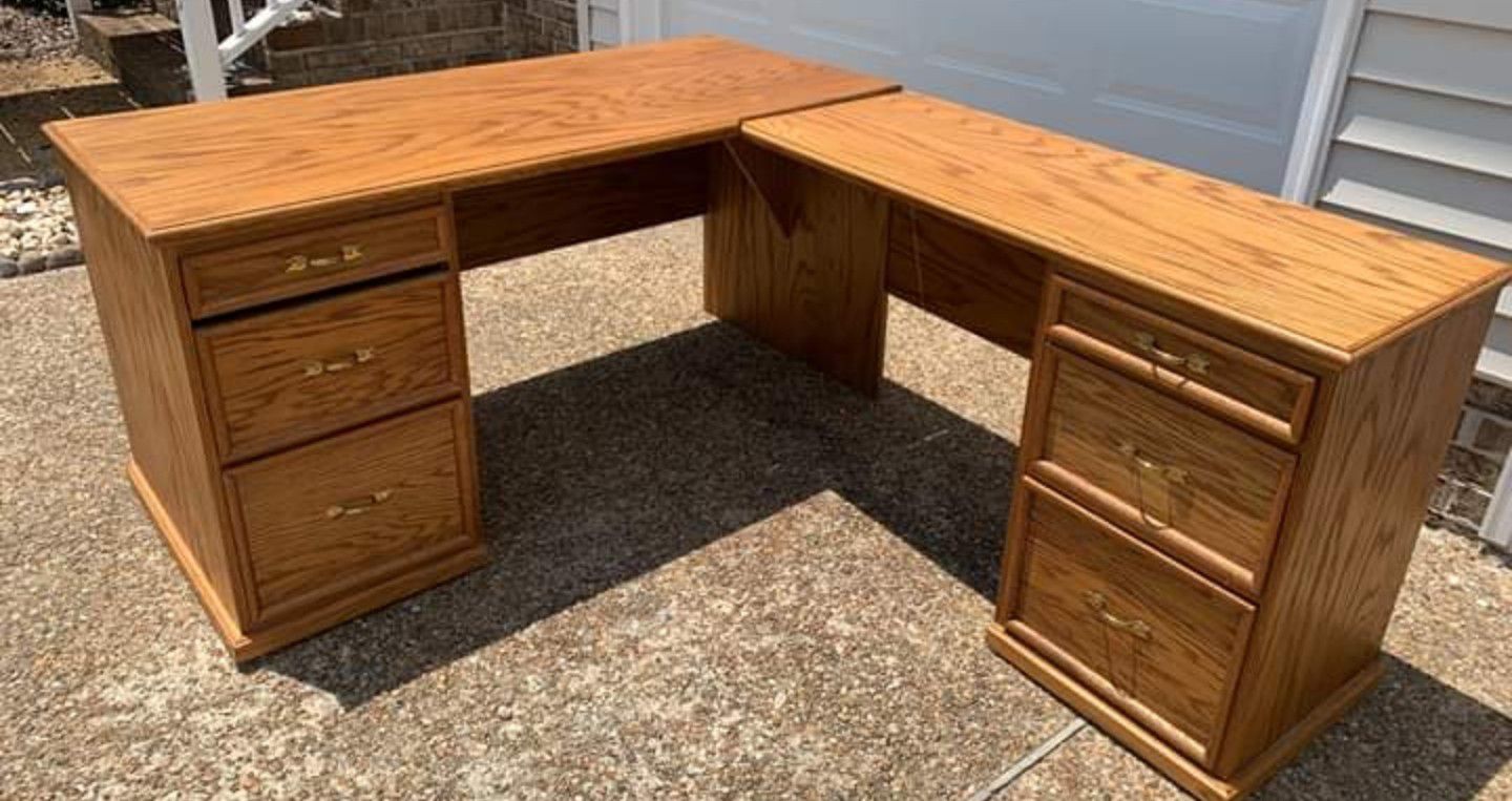 Solid wood L shaped desk with tons of drawer space