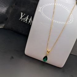 18"  Silver .925 Necklace With 18k Gold Plated And Lab Emerald + Moissanite Pendant