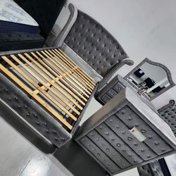 Gray Velvet Queen Tufted Bedroom Furniture Set| Dresser, Mirror, Chest, Bed , Nightstand 2 And Available| Showroom İn Stock, Delivery 🚚 