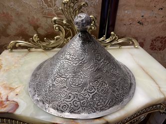 Antique Asian(Vietnamese?) Silver Conical Shaped Military Hat Badge Decorated w/Dragons