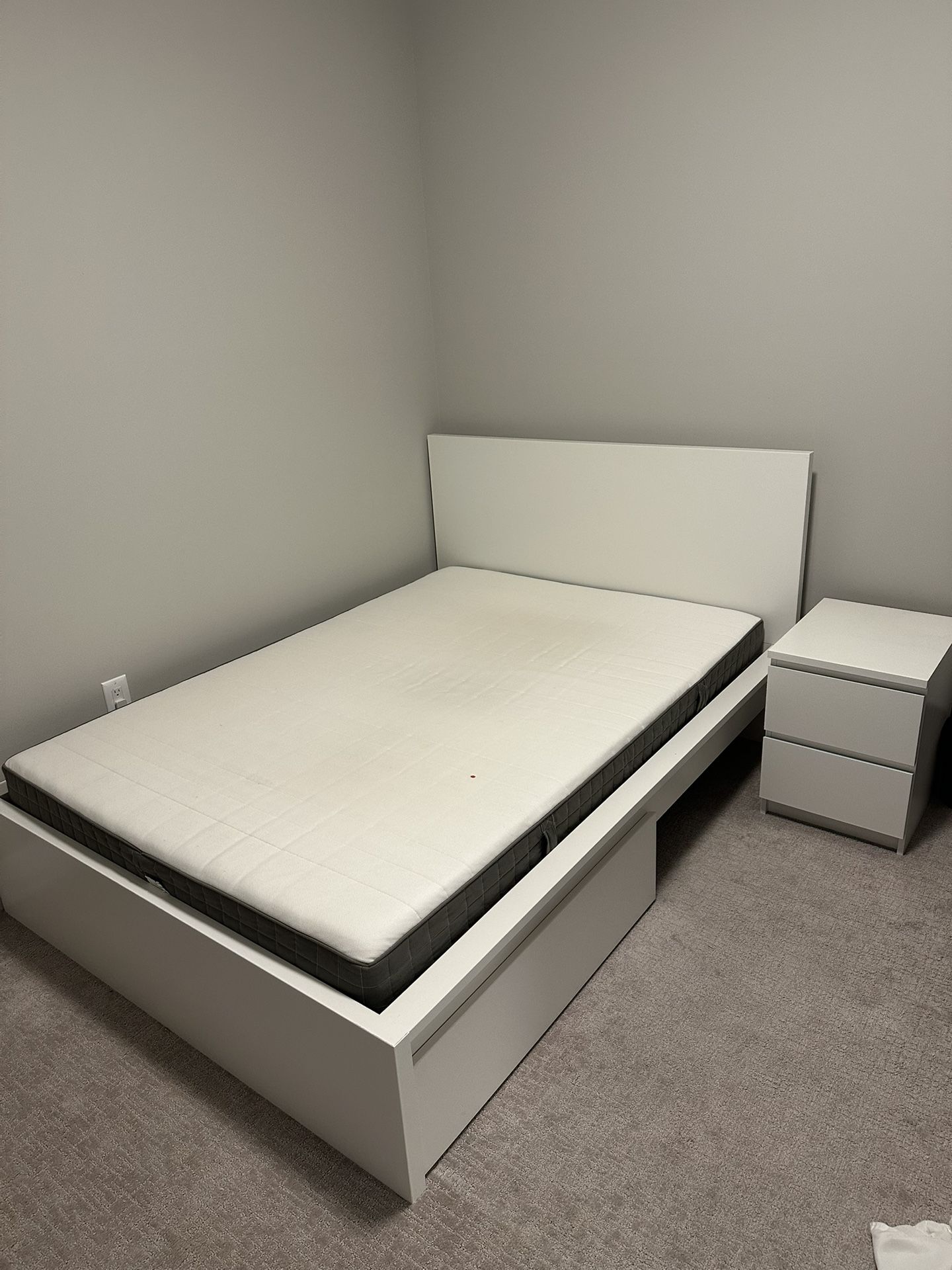 IKEA Full Bed Frame w/ Slide out drawer and mattress + night stand