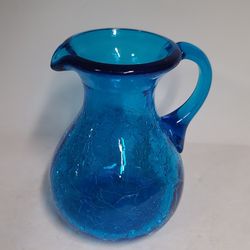 Vintage Minature Blue Crackle Glass Pitcher 