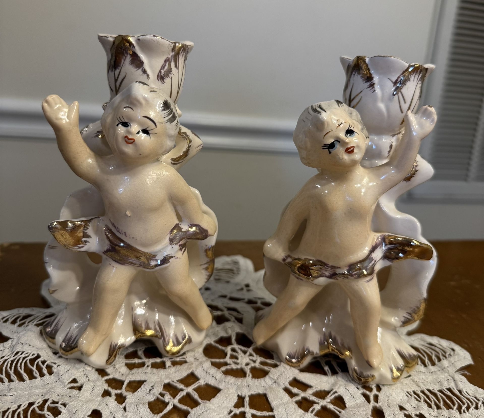 Vintage Royal Sealy Porcelain Cherub Angel Candleholder Pair