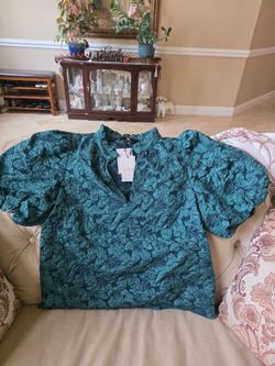 AVARA Floral Jacquard Top Emerald Green Large $68 Retail