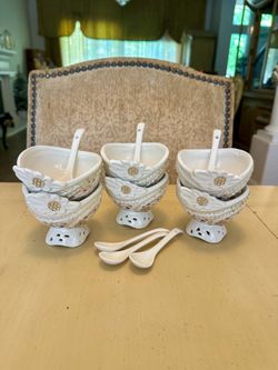 Set of 6 Decorative Ceramic Pedestal Bowls with Spoons