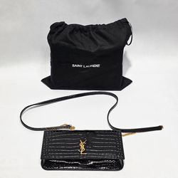 SAINT LAURENT Cassandre Phone Holder in Shiny Crocodile