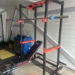 Power Squat Rack With Bench And Olympic Barbell 