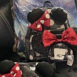 Disney Parks Black Sequin Polka Dot Mini Backpack, Disney Parks Loungefly Sequin waist bag Fanny Pack Minnie With Ears Polka Dot and Disney Parks Ear 
