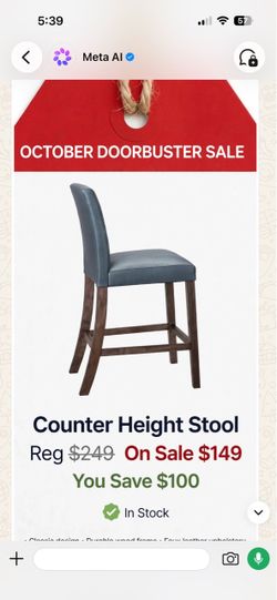 Counter Height Stool solid wood base charcoal grey seat as shown reg $249 on sale $149