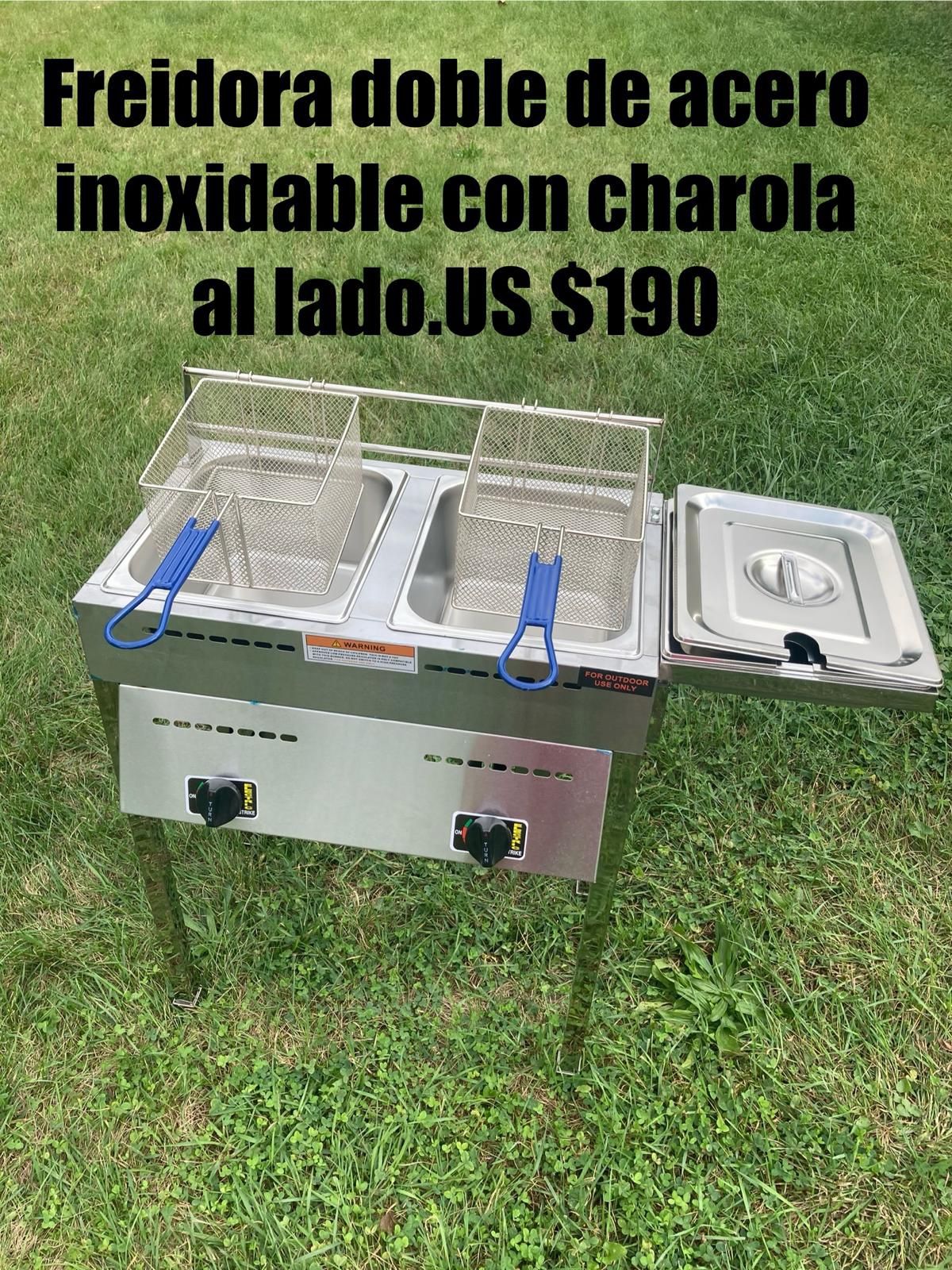Freidora Doble De Acero Inoxidable Con Charola Al Lado