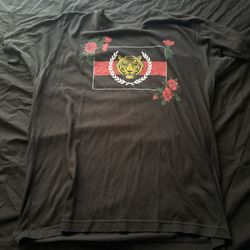Black Graphic T-Shirt with Tiger and Rose Design