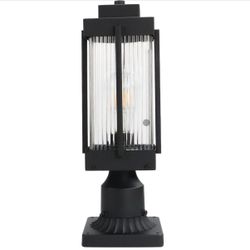 Monkfish Modern Black Outdoor Post Light, Waterproof Exterior Pillar Lamp with Square Base & Cyan Striped Glass Shade