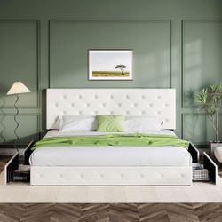 King Size Bed Frame with 4 Drawers, Faux Leather Storage Platform Bed Frame, Upholstered with Adjustable Headboard