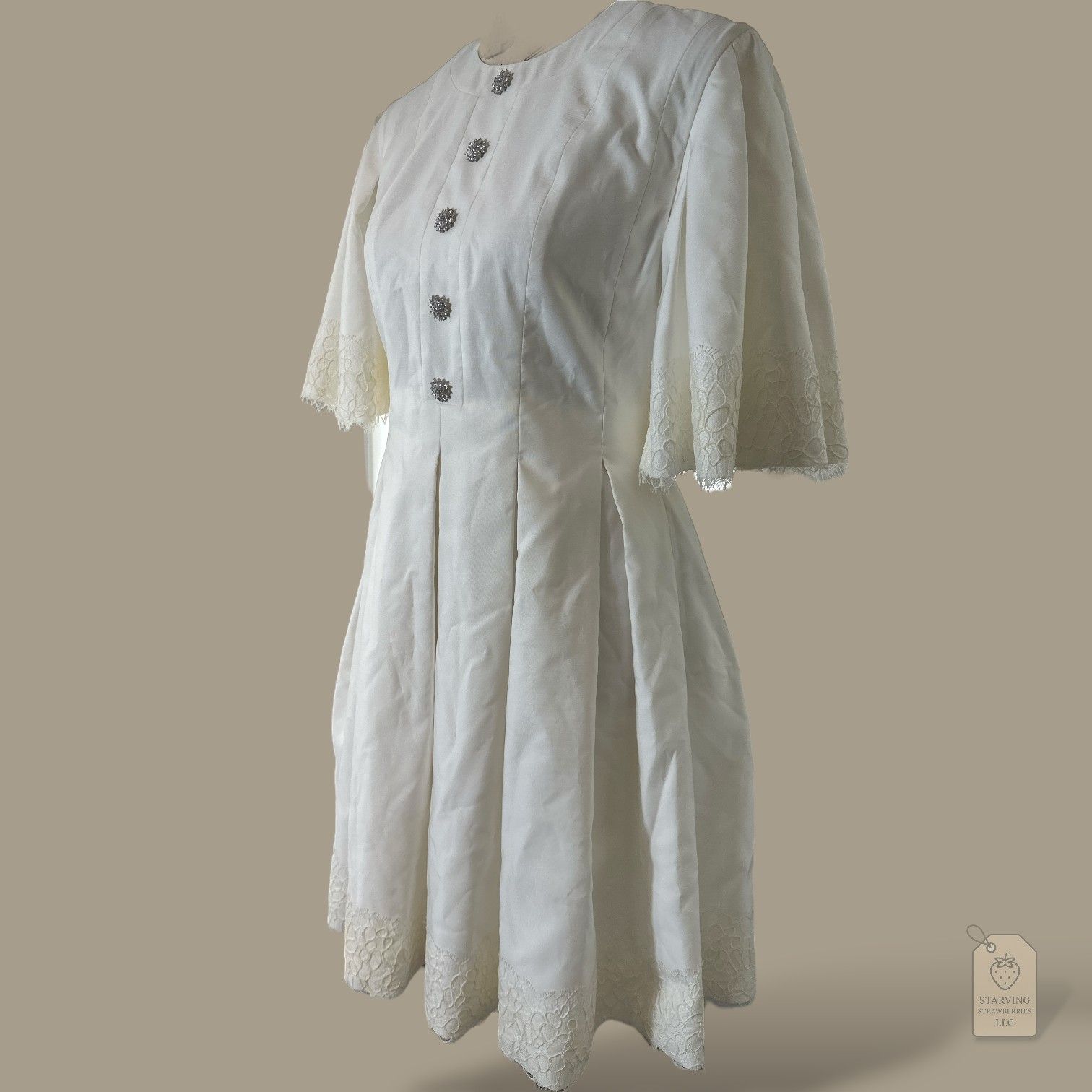 Huishan Zhang White Fit & Flare Dress | Lace Bell Sleeves & Crystal Button Detail | Size 6