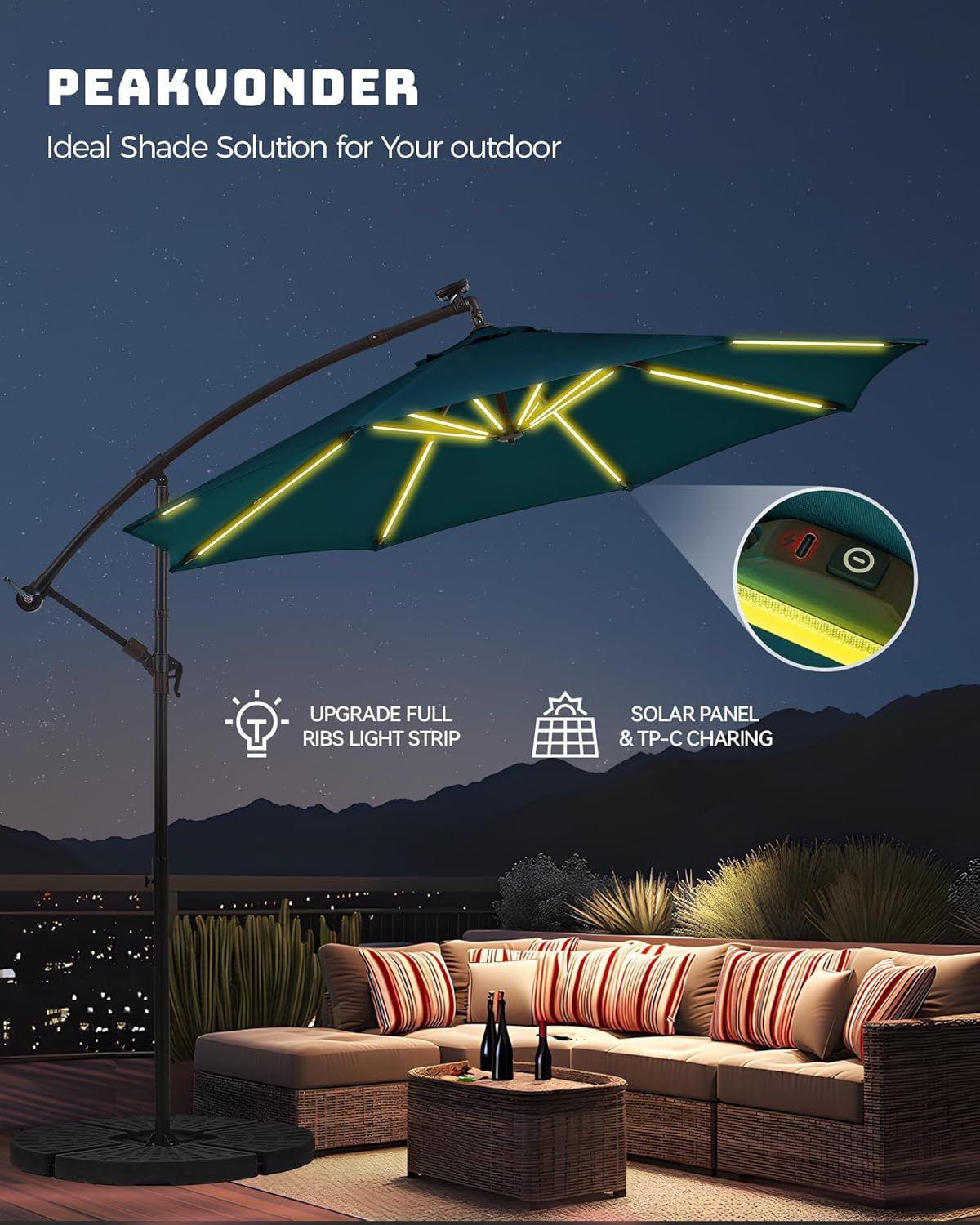 10ft Offset Patio Umbrella, Large Cantilever Umbrella Outdoor Patio with Solar Lights, Dual Charging