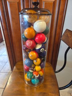 Vintage billard balls with 18" glass container 53pcs