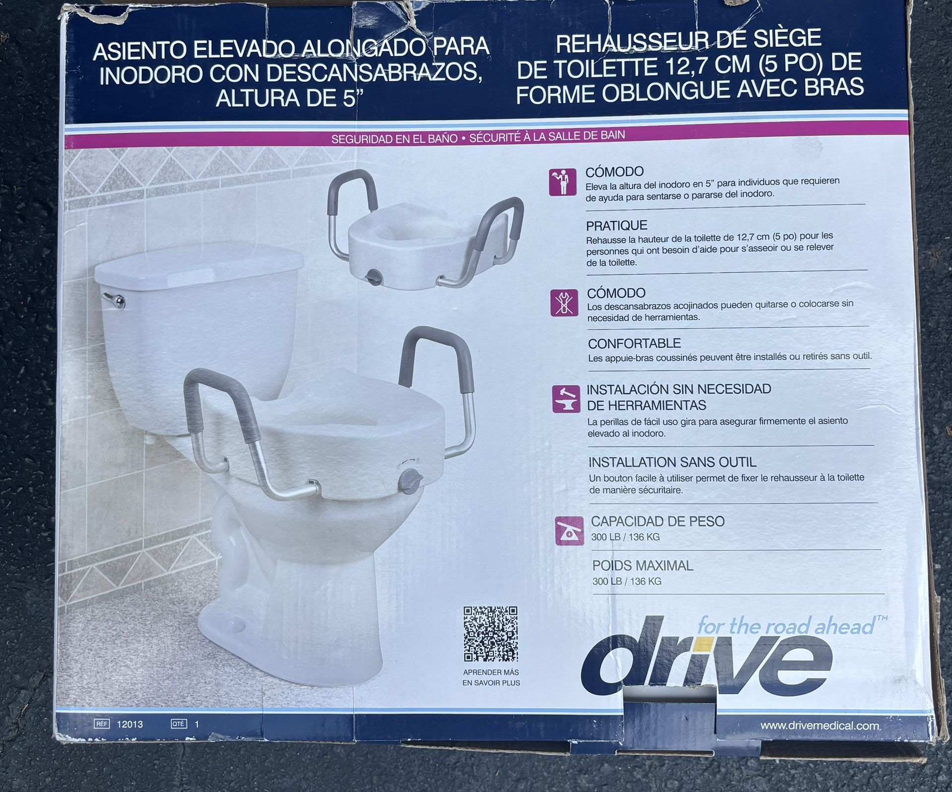 Drive Elongated Raised Toilet Seat with Arms 5" Height - 300 lbs Max