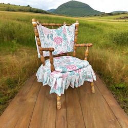 Antique Floral Print Wood Arm Chair French Country Shabby Chic