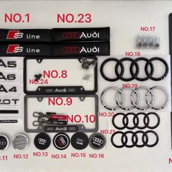 AUDi  Door light four pieces  30$;  Wheel cap four pieces 20$,Wheel cap sticker four pieces 10$;Front emblem  20$  ;back emblem 20$;license plate  fra