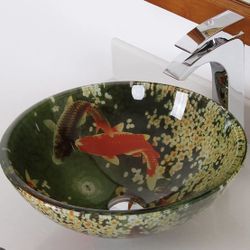 KOI AND LILY POND GLASS VESSEL BATHROOM SINK