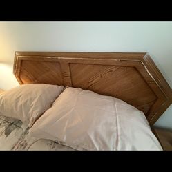 90s era queen bedroom set complete with mattress and boxspring, boxspring, headboard, two nightstands and long dresser with mirror