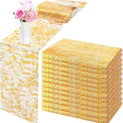 12 Pieces Gold Table Runner Metallic Thin Mesh Table Runner Roll 11 x 84 Inches Rectangle Glitter Runner for Wedding Baby Shower Birthday