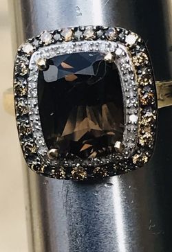 5.75 Carats Cushion Cut Smokey Quartz, Double Halo with White Diamonds & Champagne Color Diamonds, 14K Yellow Gold Ring, Size 7.25