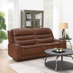 Rhodes Leather Power Reclining Sofa — Dual Power Recline — Brown Leather