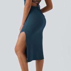 Halara Ruched Lace Up Bodycon Midi Casual Dress