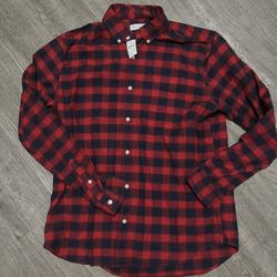 New Gap Button Up Shirt Men Large Red Flannel Check Long Sleeve Plaid Stretch Pocket