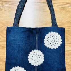 crochet doily Handmade book bag TOTE DENIM JEANS UPCYCLE RECYCLED PROJECT purse