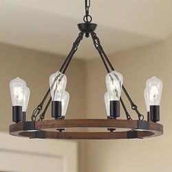 8-Light Wagon Wheel Chandelier – Farmhouse Wood & Black Metal, 23.6"