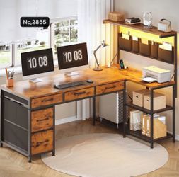 47" Reversible L Shaped Computer Desk with 5 Fabric Drawers, Storage, Power Outlet and LED Lights , Rustic Brown