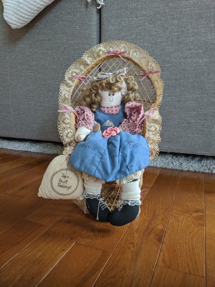 Antique Dolly on Wicker Chair