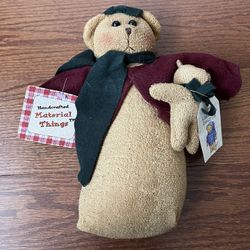 2004 “Handcrafted Material Things”Teddy Bear 11 Inches Tall Shelf Sitter