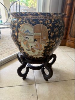 Oriental fish bowl Planter with stand.