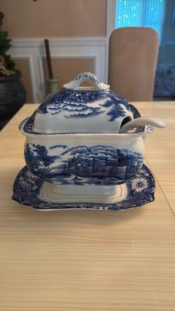 Vintage Trimont Ware Castle Transfer Soup Tureen Blue & White with Lid Laddle and Underplate