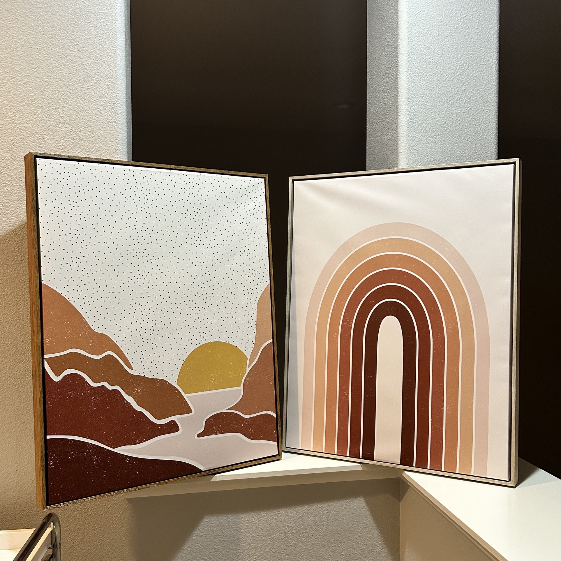 2 Large Canvas Boho Rainbow Mountain Paintings Wooden Framed Decor Neutrals