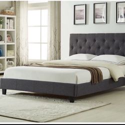 Brand New In Box Queen Size Dark Grey Linen Upholstered Bed With Mattress. Assembly Required, We Can Deliver, Cama Con Colchon.