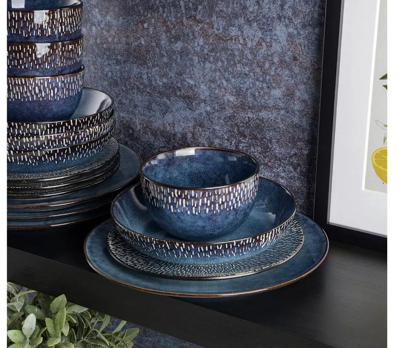 Gibson Elite Matisse 16 Piece Double Bowl Dinnerware Set, Cobalt